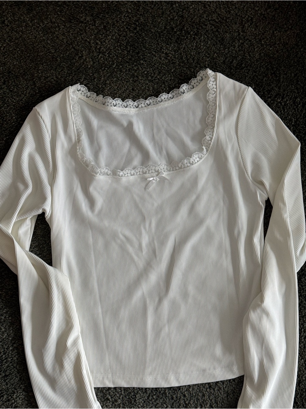 Lace Ribbed Square Neck Long Sleeve Top - White